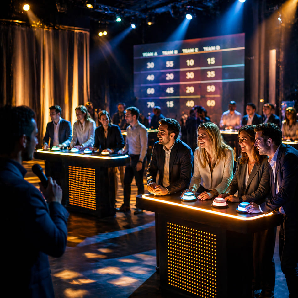 Des participants souriants, répartis en équipes derrière des pupitres munis de buzzers lumineux, s'amusent lors d'un jeu de quiz sur un plateau de télévision rétroéclairé.