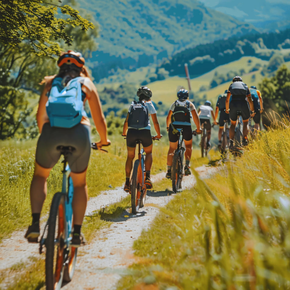 Vue de dos d'un groupe de cyclistes équipés de casques et de sacs à dos, roulant à VTT sur un chemin de terre en pleine nature face à des montagnes verdoyantes.