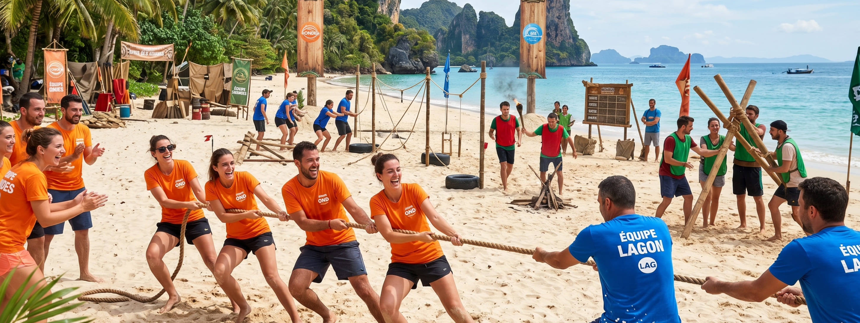 Une épreuve de tir à la corde animée sur une plage tropicale, opposant une équipe en t-shirt orange à une équipe en t-shirt bleu, sous les encouragements d'autres participants.