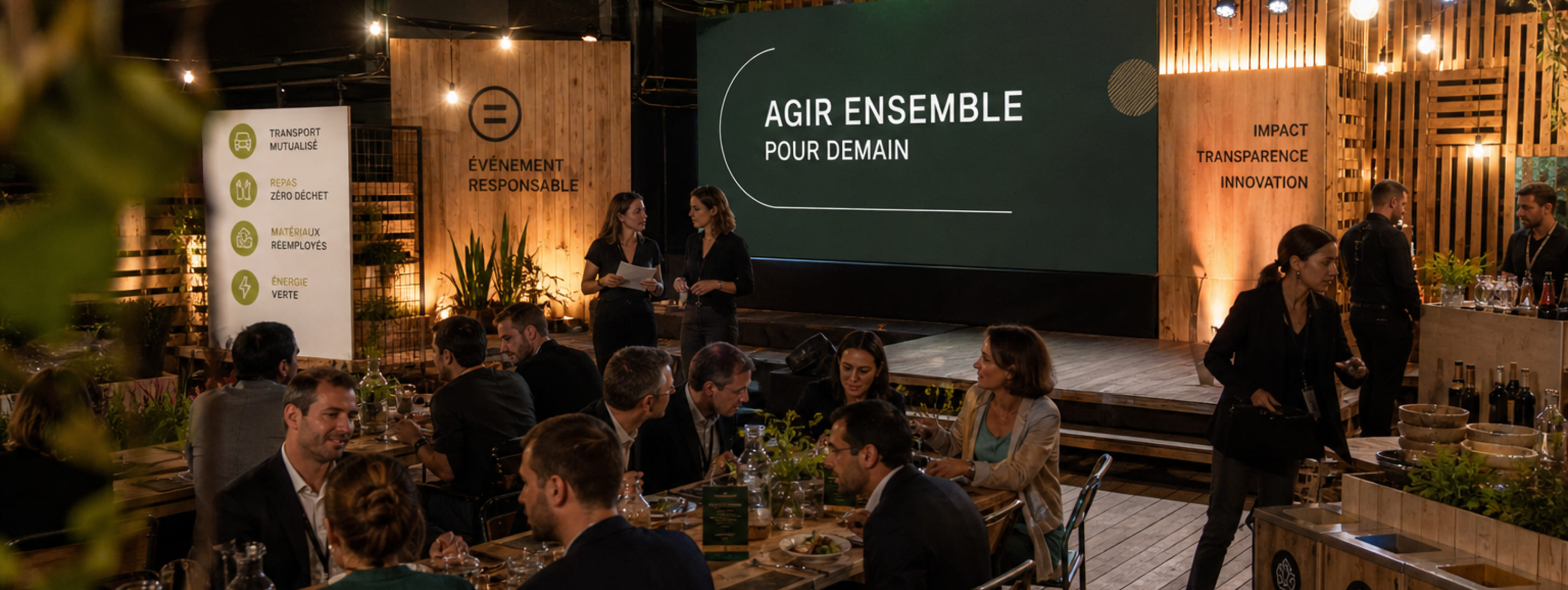 Séminaire éco-responsable dans une salle de réception feutrée aux décorations boisées