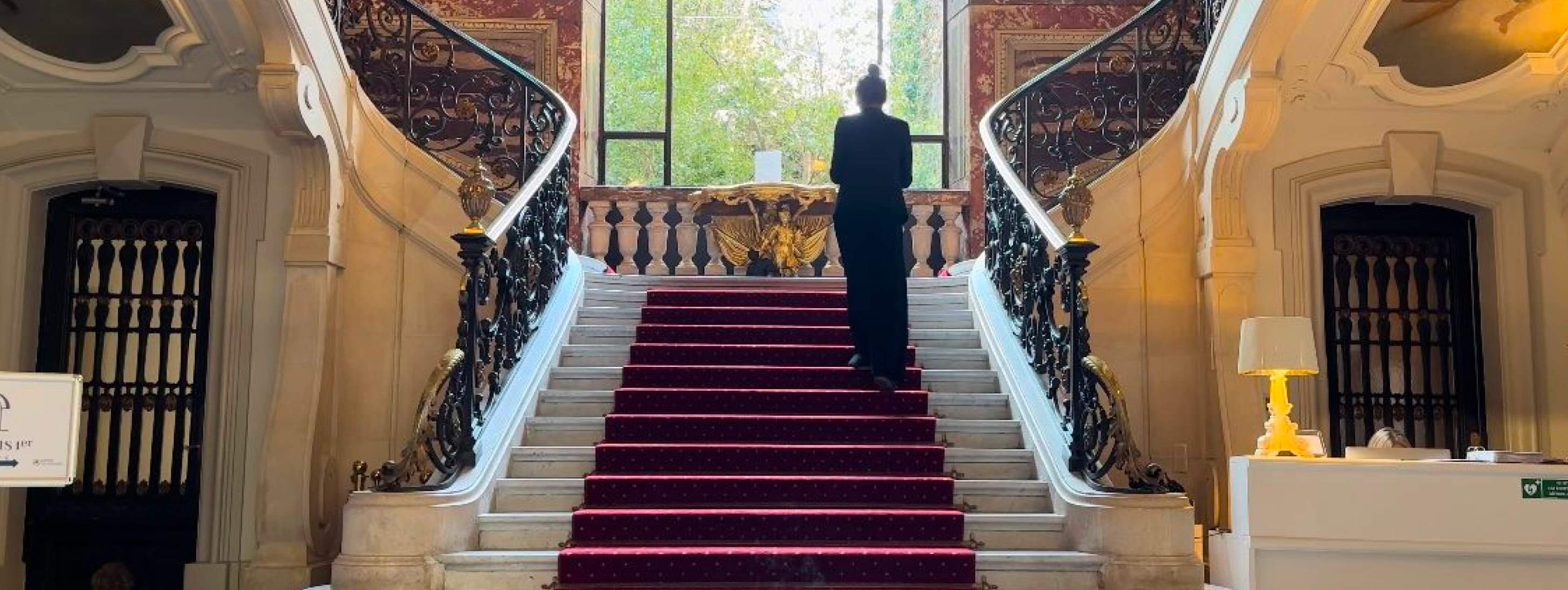 Une personne de dos monte un grand escalier d'apparat avec tapis rouge et rampe en fer forgé dans un intérieur prestigieux.