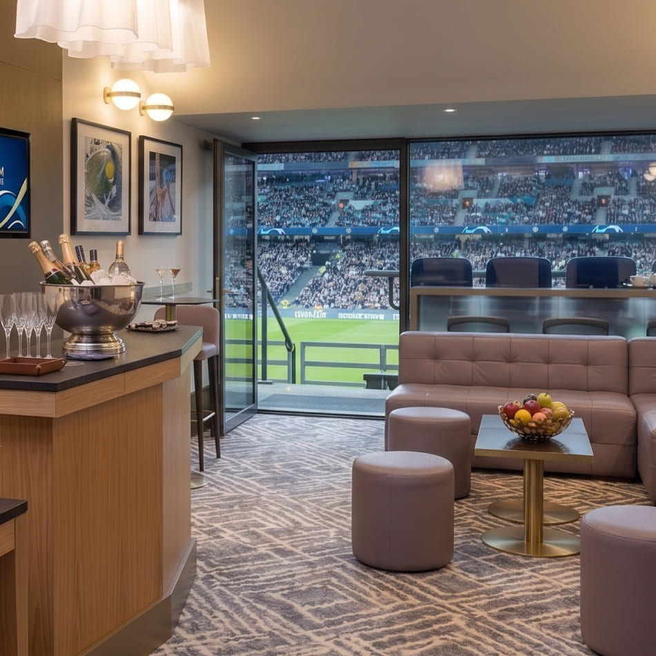Vue de l'intérieur d'une loge VIP de stade avec un bar boisé, du champagne au frais, un salon confortable et une large baie vitrée donnant sur un terrain de football et des tribunes combles.