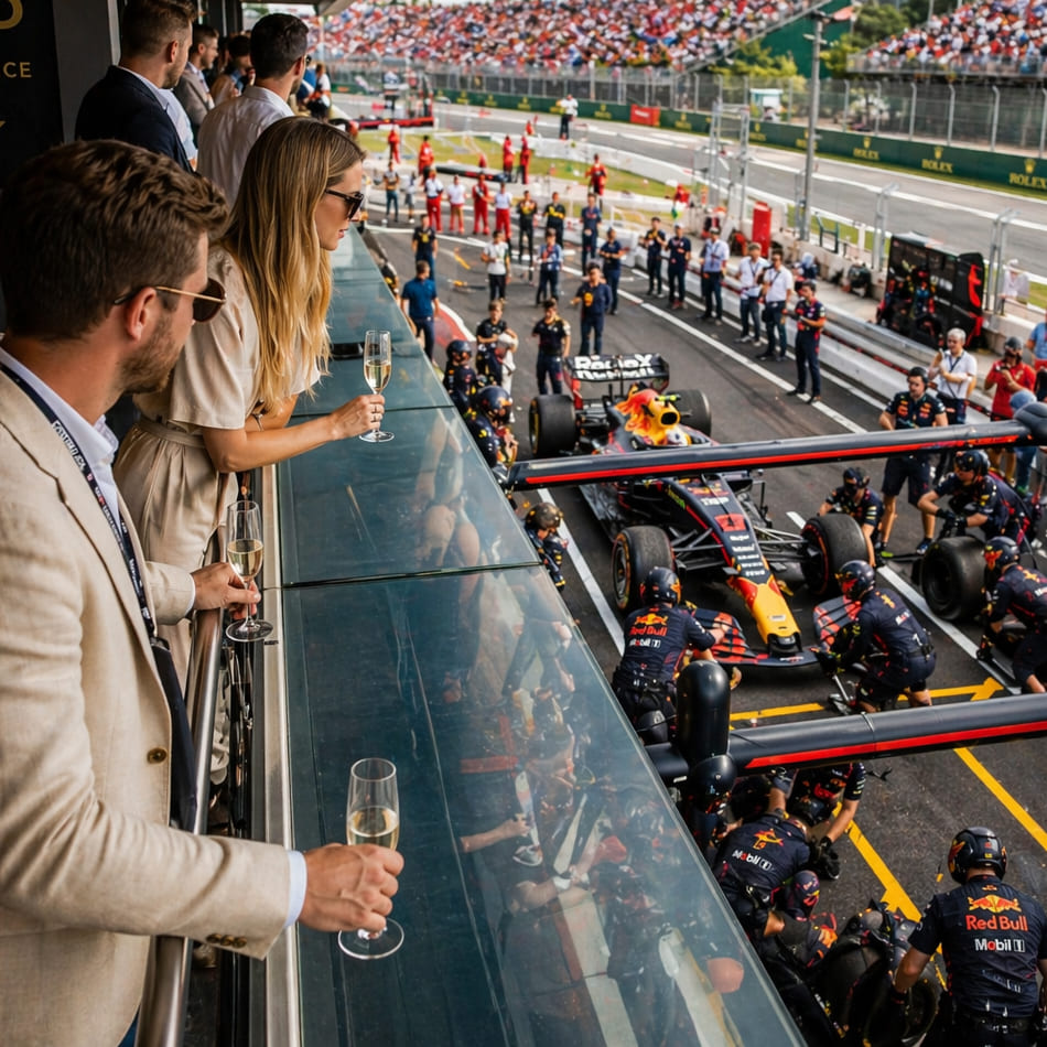 Des spectateurs élégants sur un balcon de loge surplombant la ligne des stands d'un circuit de Formule 1, observant de près l'arrêt au stand d'une monoplace