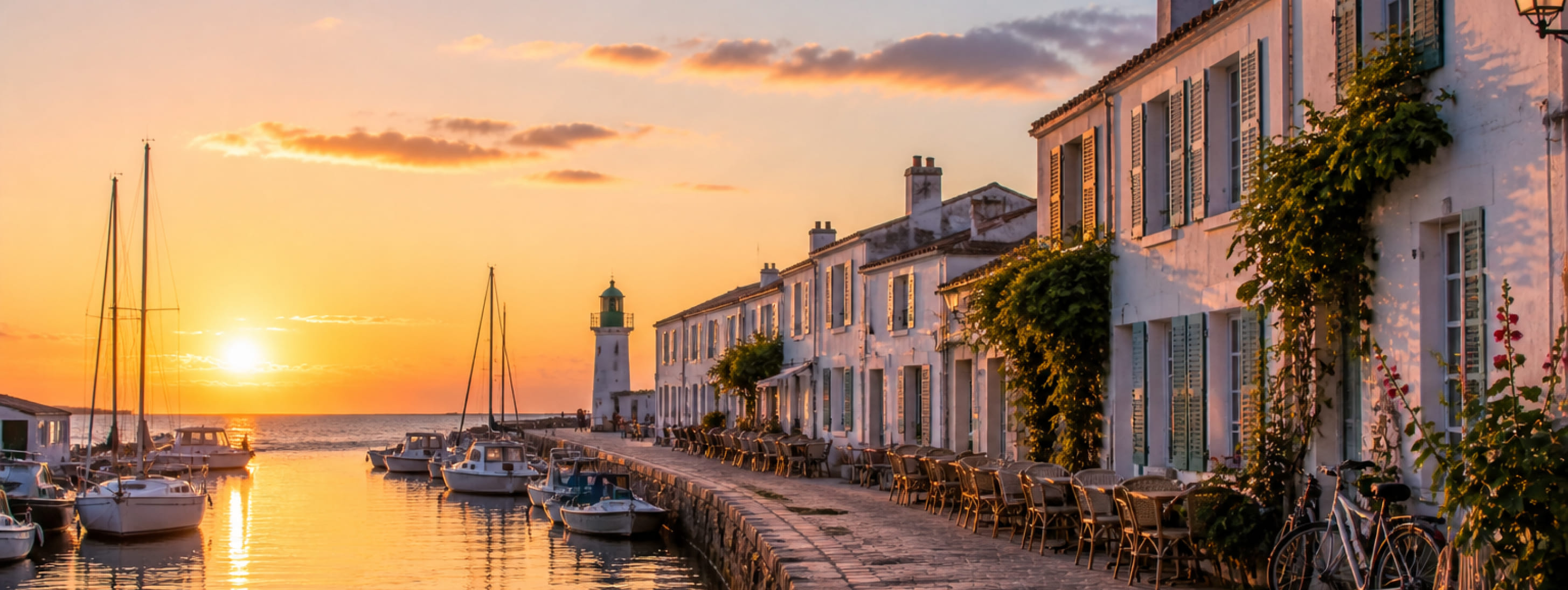 Coucher de soleil sur le port de Saint-Martin-de-Ré, avec des bateaux à quai, un phare blanc au bout de la jetée et des maisons aux façades blanches et volets verts.