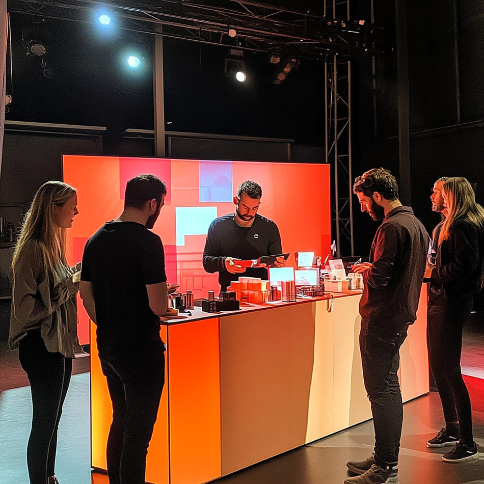 Un stand de présentation rétroéclairé en orange vif dans un espace événementiel, où un démonstrateur présente des produits à un petit groupe de personnes.