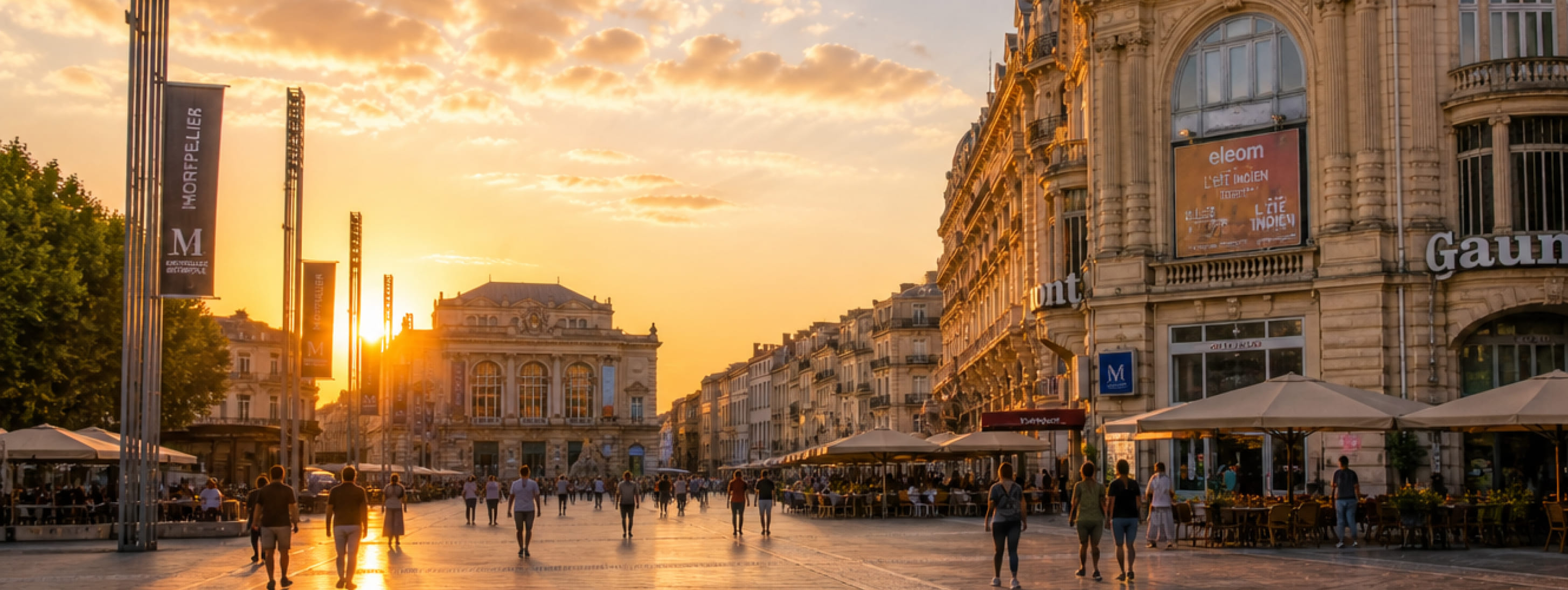 Vue de la place de la Comédie à Montpellier au coucher du soleil, montrant l'Opéra Comédie au fond, le cinéma Gaumont à droite et de nombreux passants.