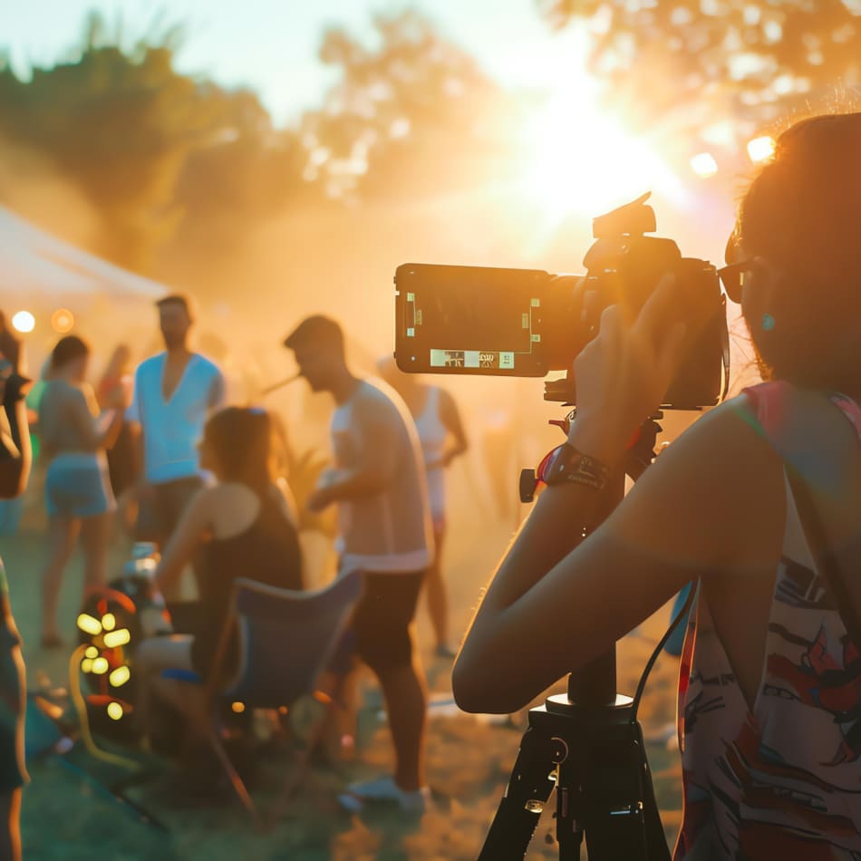 Une photographe filme ou photographie une réception en plein air au coucher du soleil, avec des invités en arrière-plan baignés dans une lumière dorée chaleureuse.