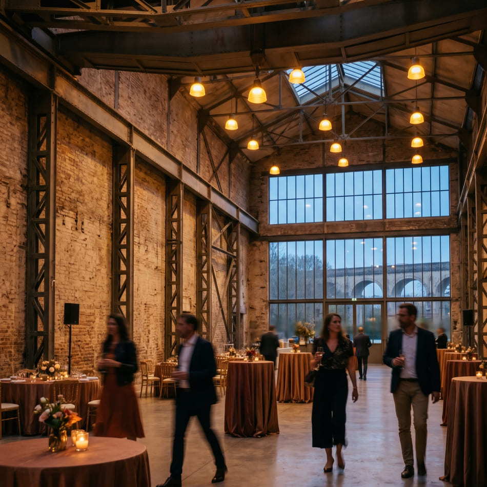Des participants circulent dans un vaste hall industriel aux murs de briques et à charpente métallique, aménagé pour un séminaire avec des tables rondes nappées et une lumière tamisée chaleureuse.
