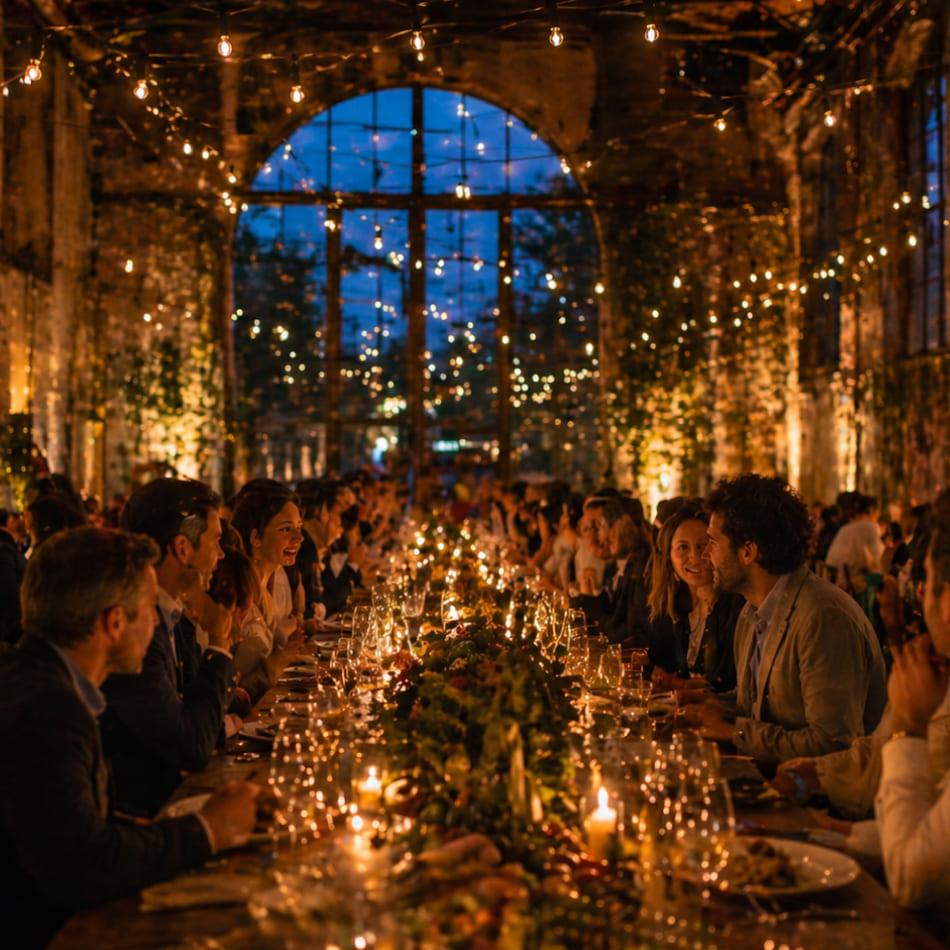 Un dîner de groupe convivial organisé dans un hangar ancien végétalisé, illuminé par de nombreuses guirlandes lumineuses et des bougies sur une longue table centrale.