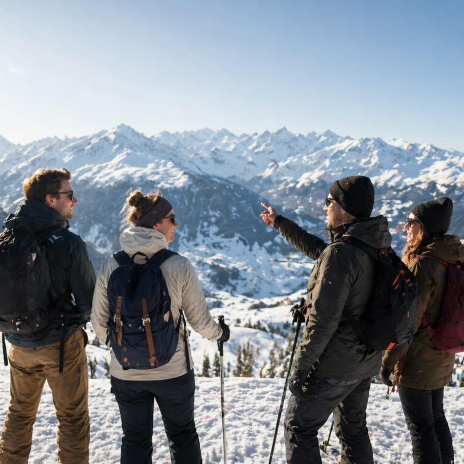 Photo de groupe d'une trentaine de collaborateurs souriants en tenue de ski, posant sur la neige face à un vaste panorama de sommets alpins enneigés sous un ciel bleu pur.