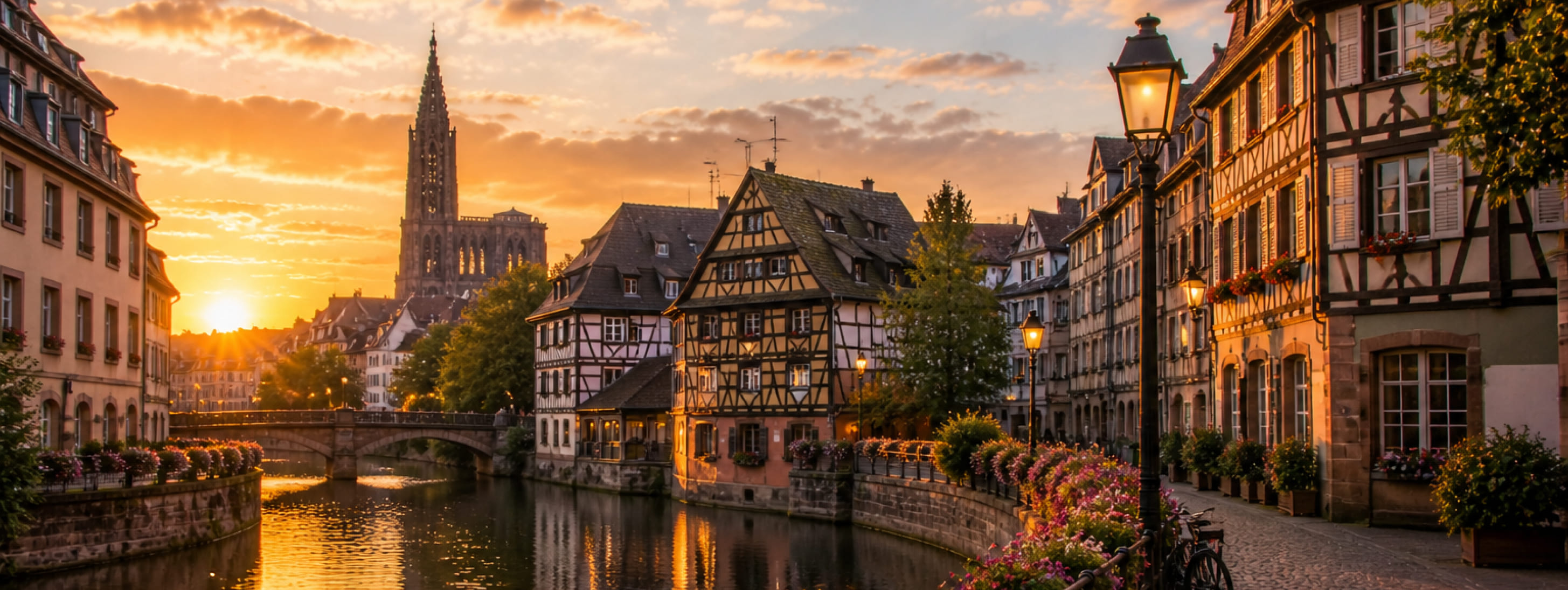Coucher de soleil sur le quartier de la Petite France à Strasbourg, montrant les maisons à colombages au bord de l'Ill avec la flèche de la cathédrale à l'horizon.