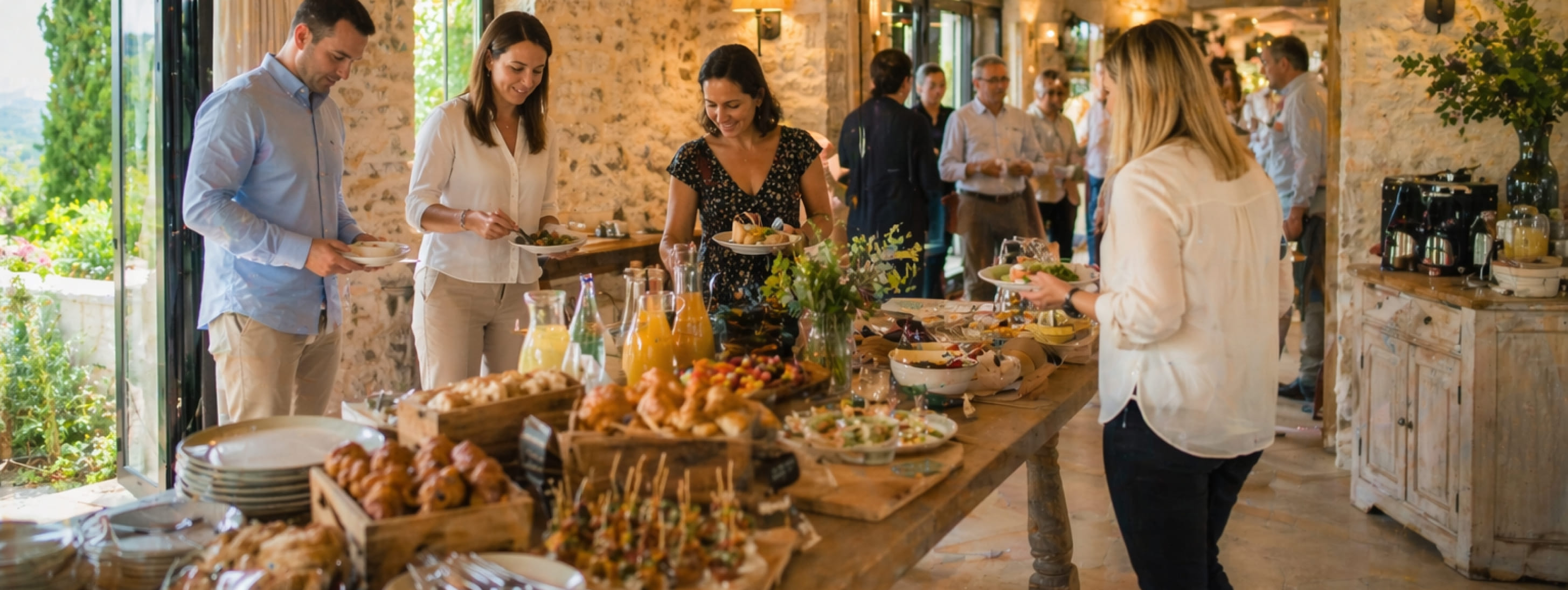 Des convives souriants se servent à un buffet de traiteur convivial, joliment dressé sur une grande table en bois dans une salle lumineuse aux murs en pierre apparente donnant sur l'extérieur.
