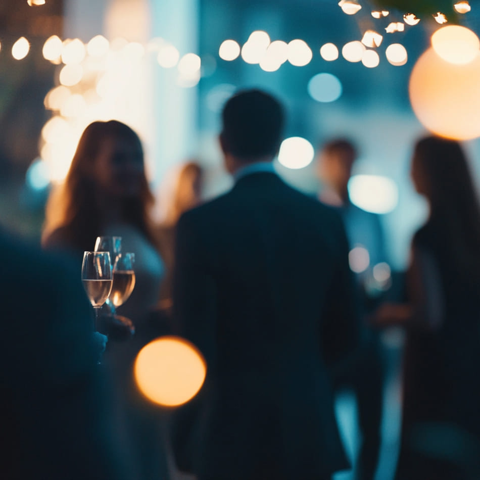 Vue en flou artistique d'invités en tenue de soirée discutant lors d'un cocktail d'entreprise avec des jeux de lumière.